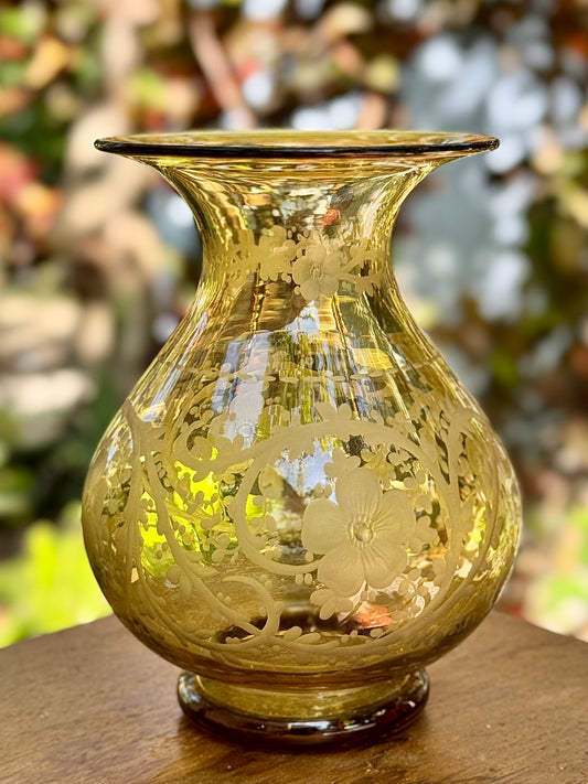 Etched Amber Glass Vase