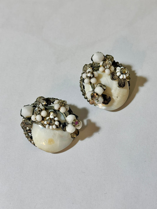 1950s Floral Mother of Pearl Clip On Earrings