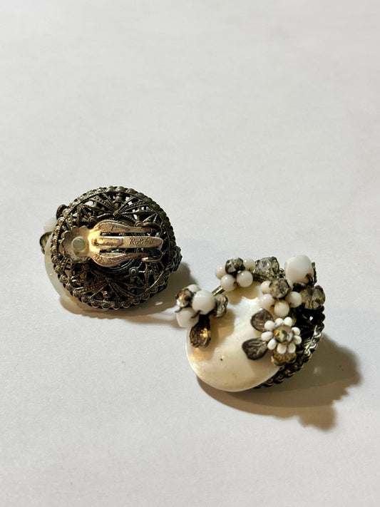 1950s Floral Mother of Pearl Clip On Earrings